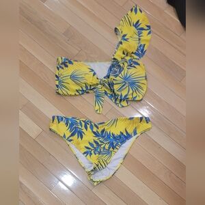 Yellow and Blue Leaf Print Bikini Set